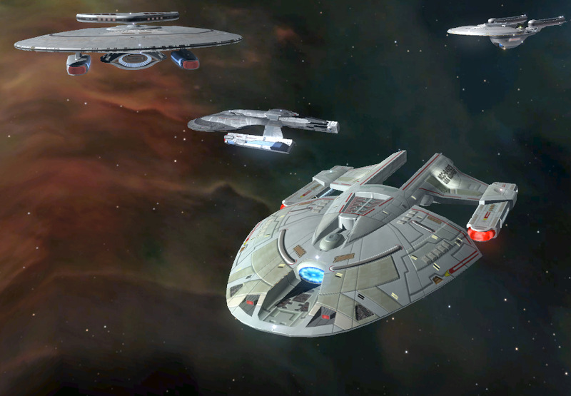 The USS Reprisal (foreground), assembles with other ships of the 1st Fleet in readiness for the battle of Sector 001