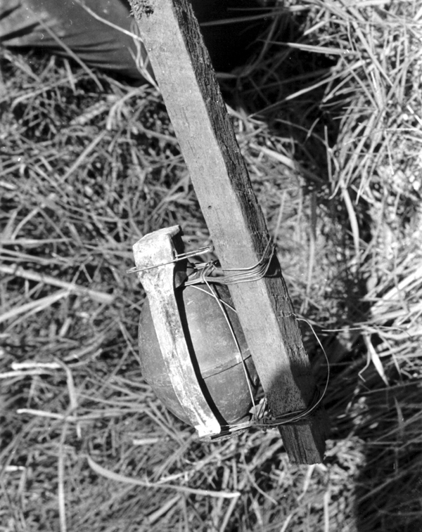 An example of a tip wire booby Trap using an archaic explosive device known as a grenade.